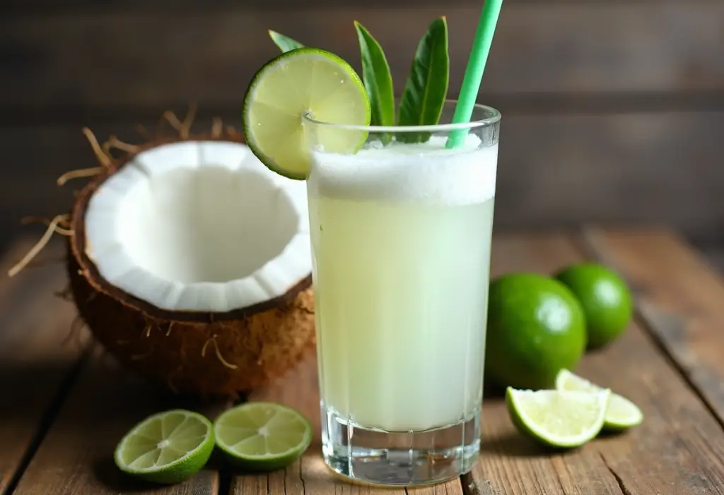 Coconut water with lime on a tray