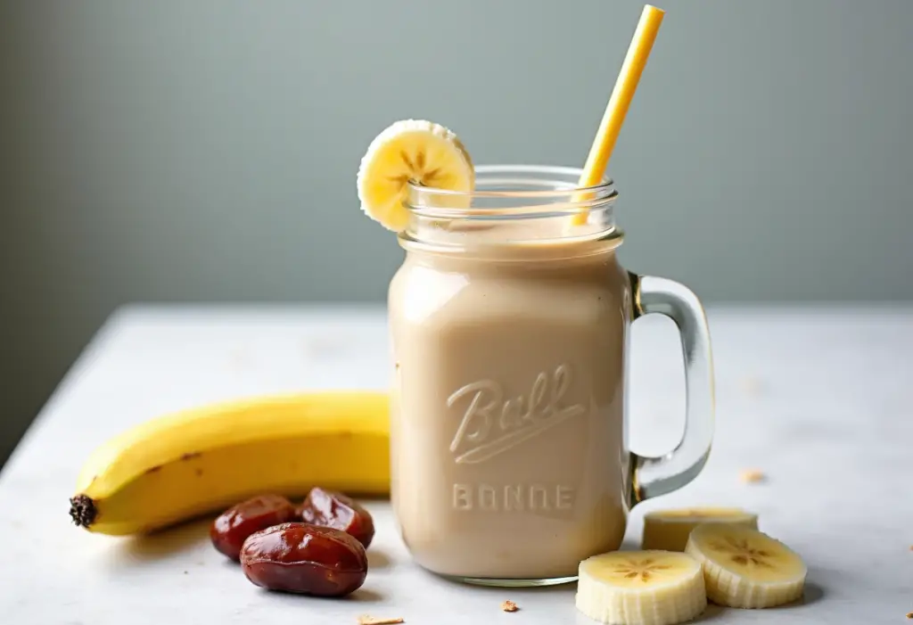 Banana tiger nut date smoothie in a mason jar