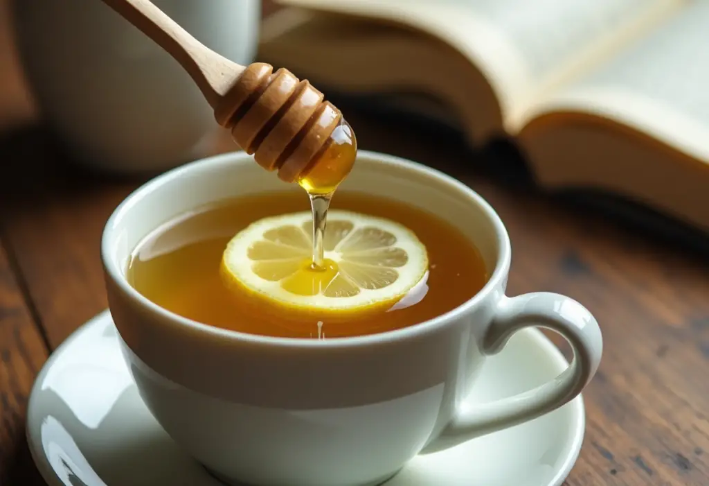 Cup of green tea with lemon and honey beside Bible
