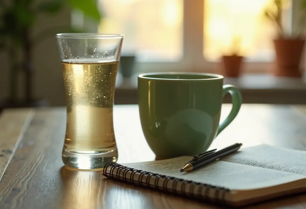 Glass of water and mug of green tea beside Bible and sermon notes—hydration essentials before preaching or speaking.