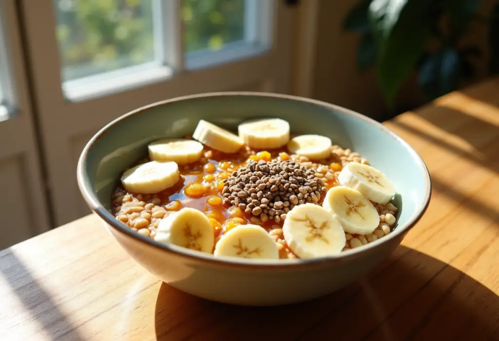 Bowl of oatmeal topped with banana slices, chia seeds, and honey—perfect energizing breakfast for preachers.