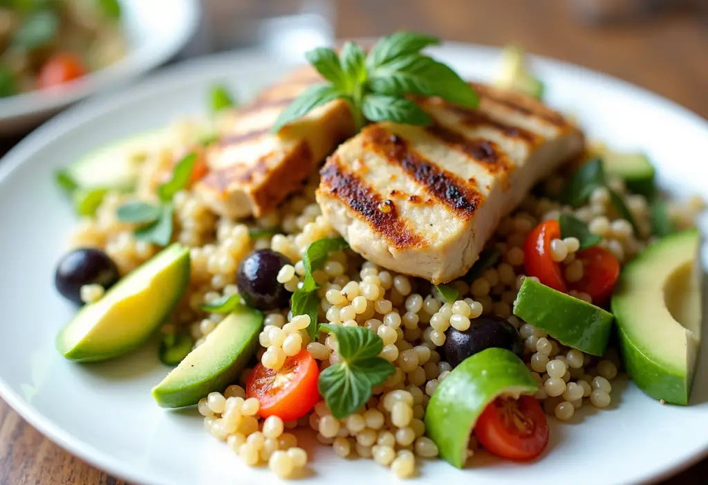 Quinoa salad with avocado, grilled chicken, and vegetables—a balanced lunch idea for energy and clarity before speaking.