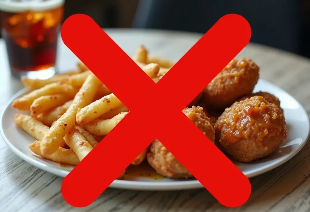Greasy fried foods and soda with a red X overlay—foods to avoid before preaching or public speaking.