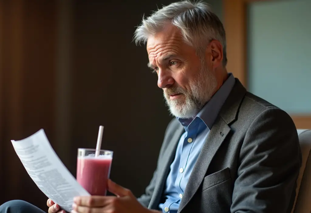 Middle-aged male speaker reviewing sermon notes with a smoothie—calm and focused preaching preparation.