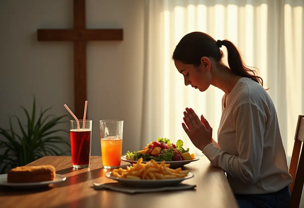 Christian resisting food temptation in prayer