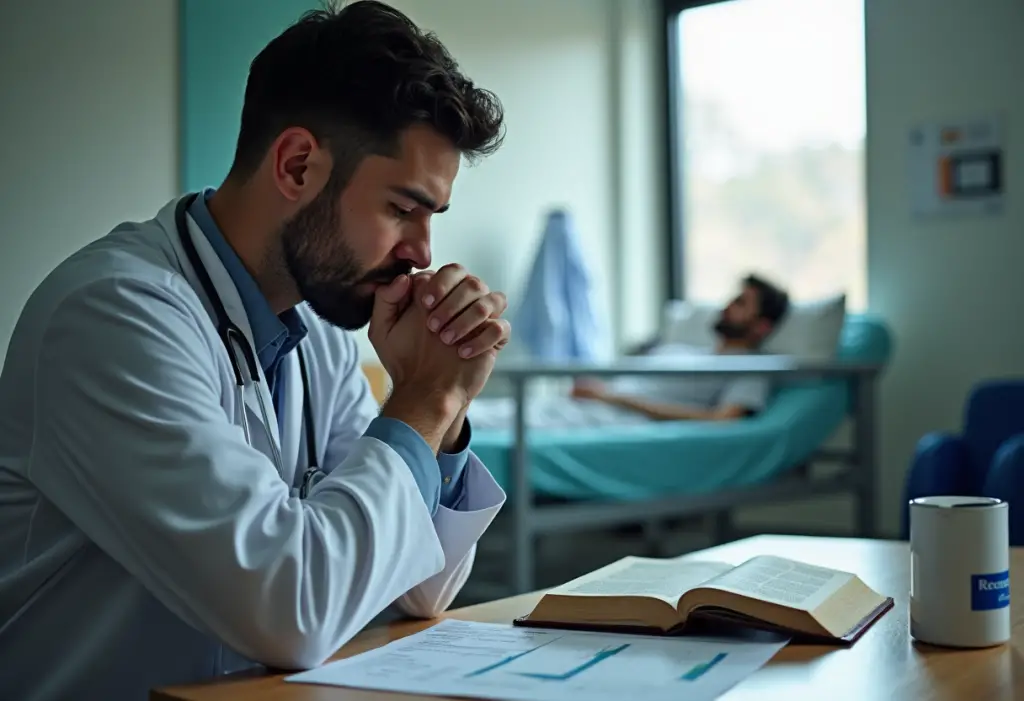 Christian doctor reflecting on faith before a medical procedure, illustrating Christian medicine ethical dilemmas.