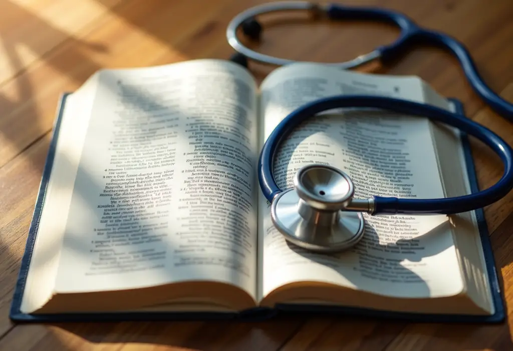 Stethoscope resting on an open Bible, symbolizing biblical wisdom in addressing Christian medicine ethical dilemmas.