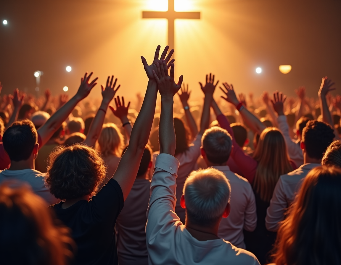 Congregation laying hands on the altar during dedication prayer.