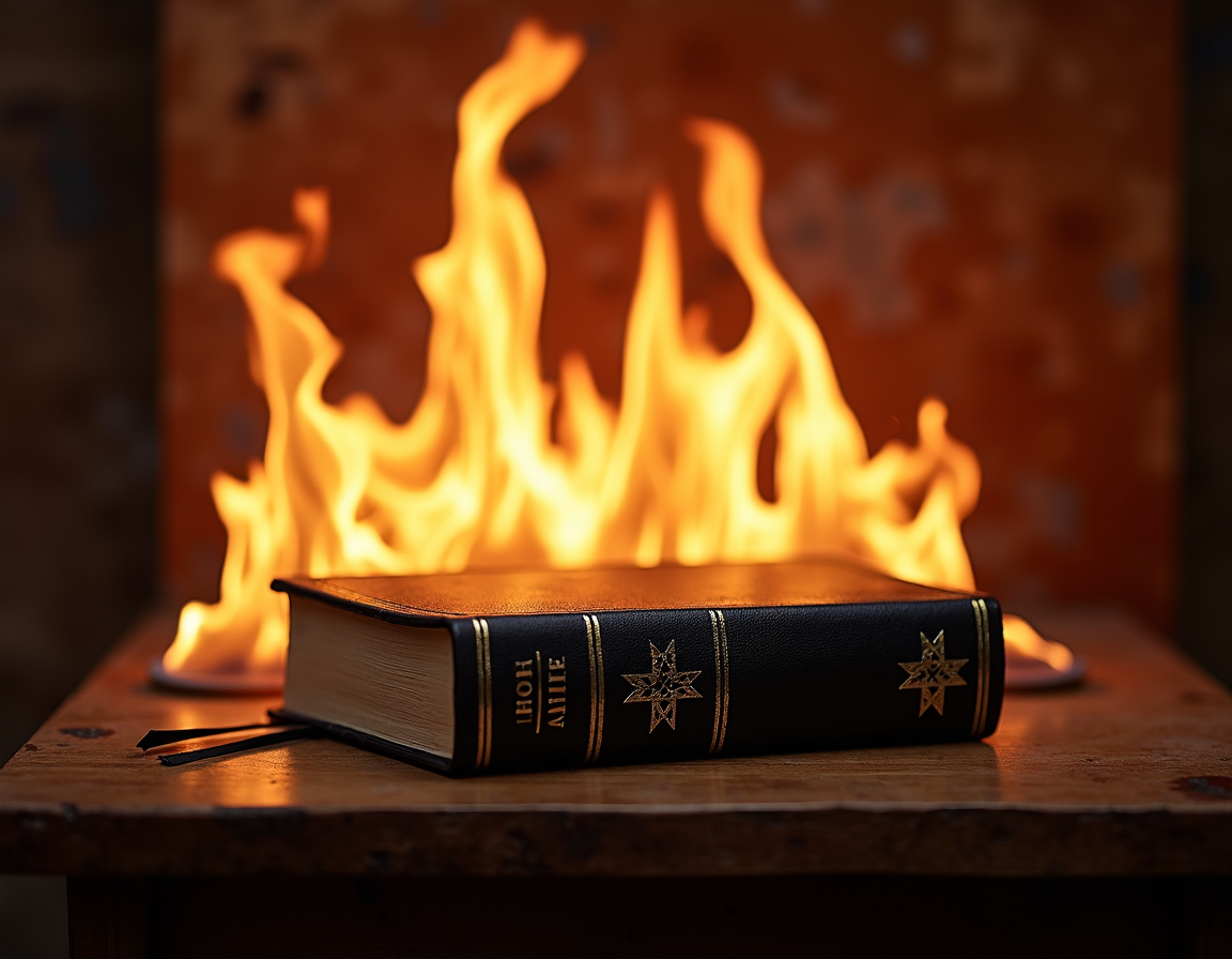Symbolic fire of revival burning on a church altar with an open Bible.